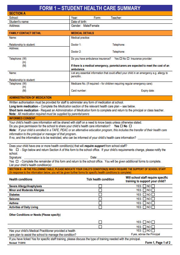 Form 1 – Student Health Form 2025 | Lakelands Primary School
